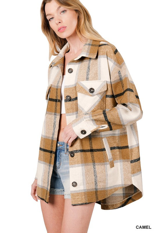 Zenana Oversized Yarn Dyed Plaid Shirt Jacket in Black or Camel