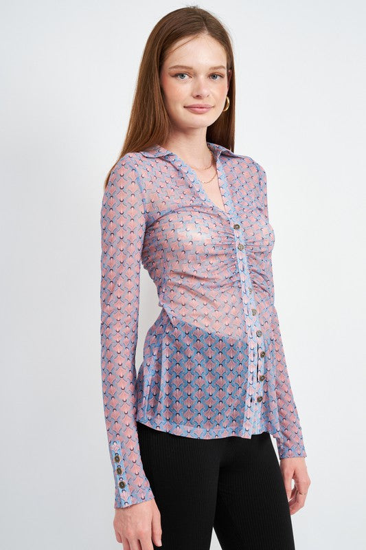 LONG SLEEVE BUTTON FRONT MESH TOP