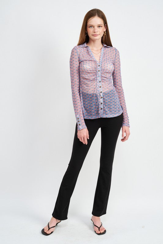 LONG SLEEVE BUTTON FRONT MESH TOP