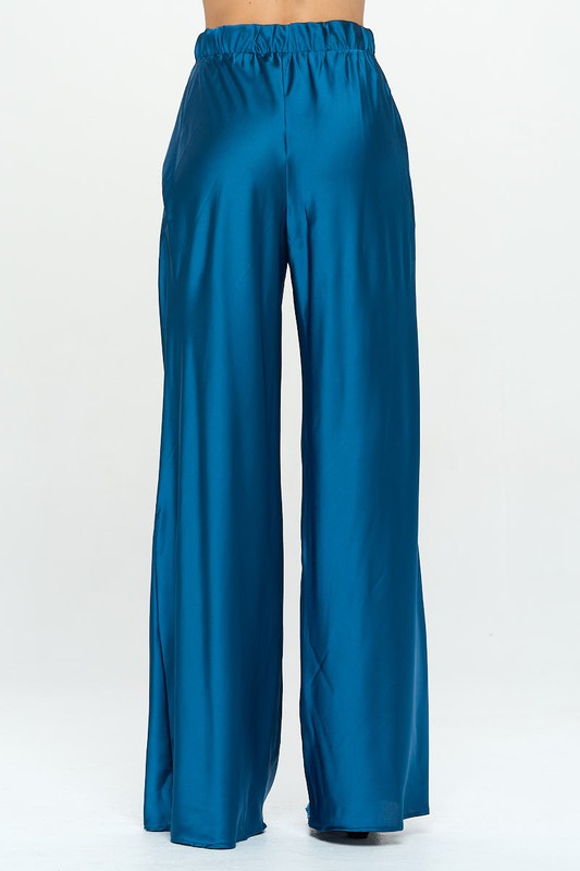 Stretch Satin Pants w/ Elastic Waist and Pockets