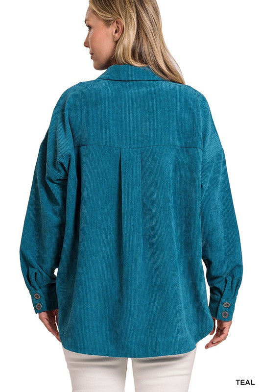 Zenana Oversized Corduroy Shirt Jacket in Black or Teal