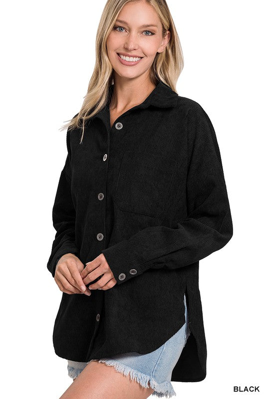 Zenana Oversized Corduroy Shirt Jacket in Black or Teal