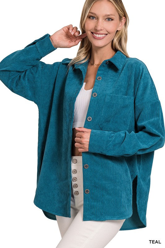 Zenana Oversized Corduroy Shirt Jacket in Black or Teal