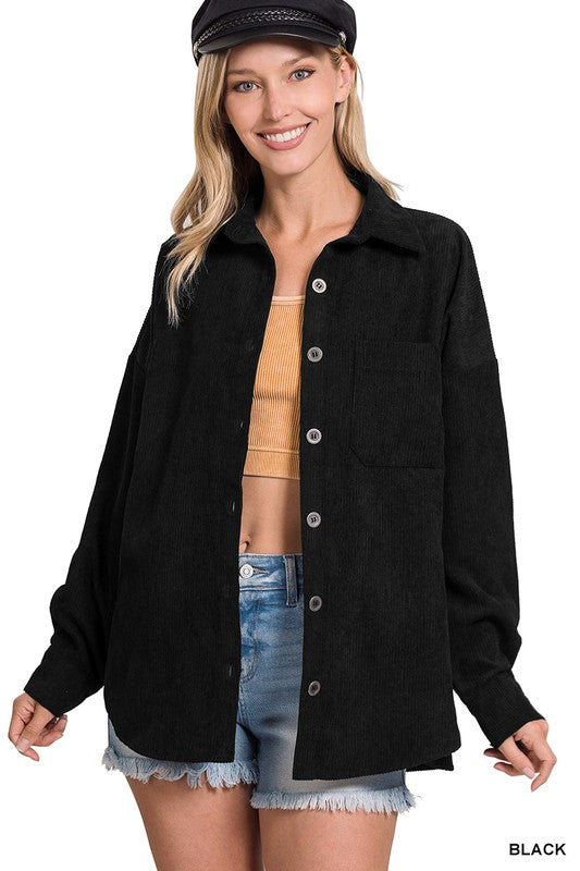 Zenana Oversized Corduroy Shirt Jacket in Black or Teal