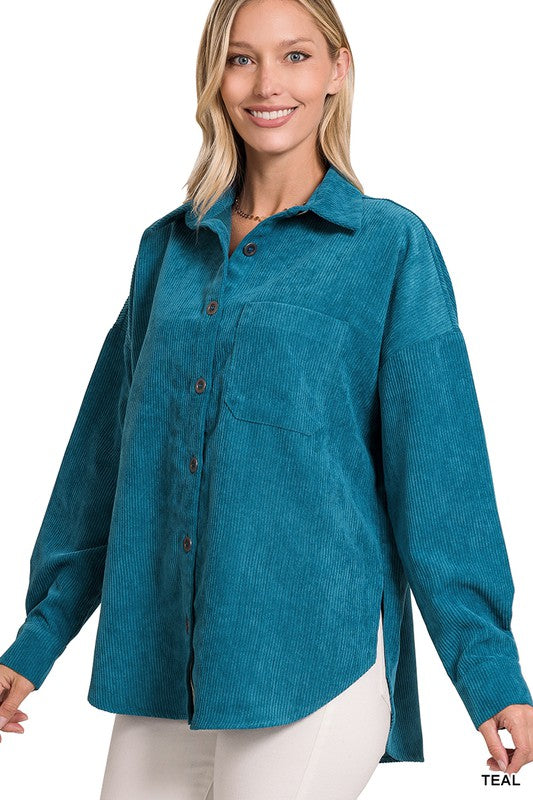 Zenana Oversized Corduroy Shirt Jacket in Black or Teal