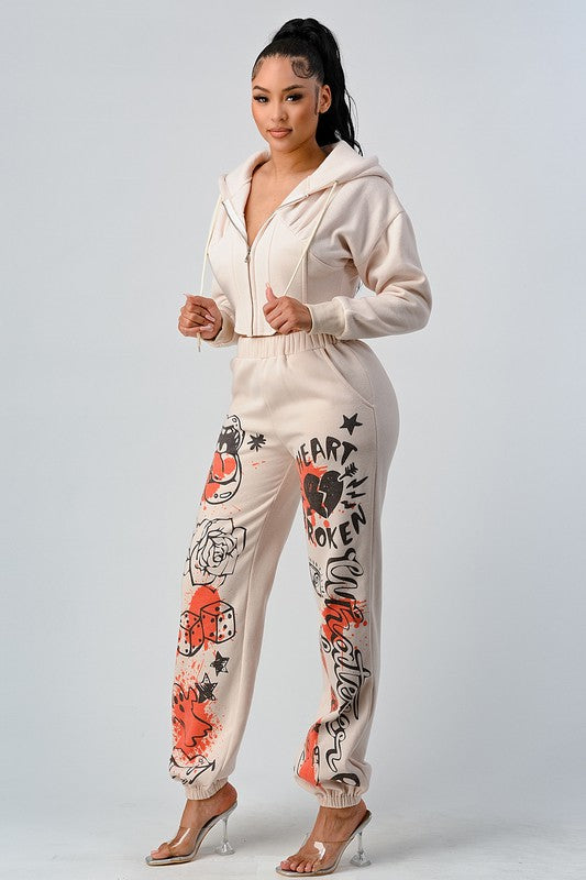 ATHINA Two-Piece Full Zip Cropped Hoodie & Graphic Joggers Set