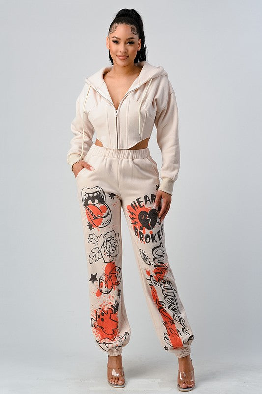 ATHINA Two-Piece Full Zip Cropped Hoodie & Graphic Joggers Set