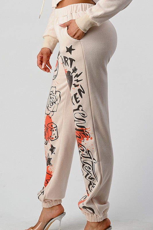 ATHINA Two-Piece Full Zip Cropped Hoodie & Graphic Joggers Set