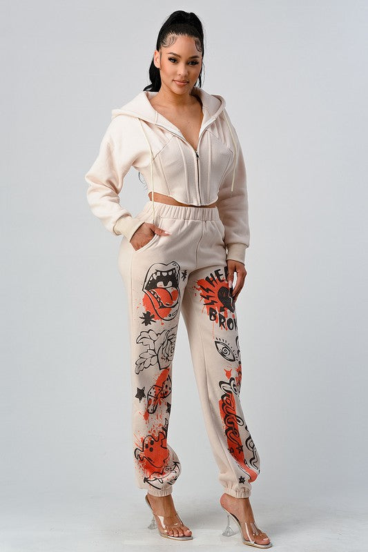 ATHINA Two-Piece Full Zip Cropped Hoodie & Graphic Joggers Set