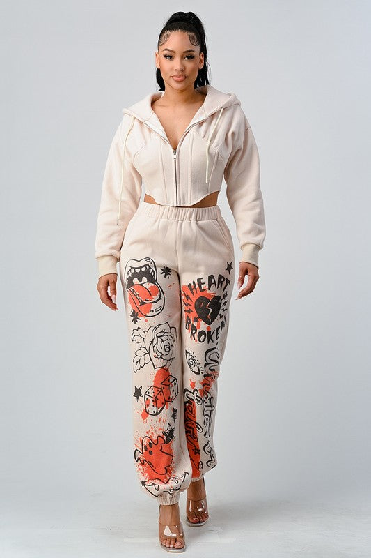 ATHINA Two-Piece Full Zip Cropped Hoodie & Graphic Joggers Set