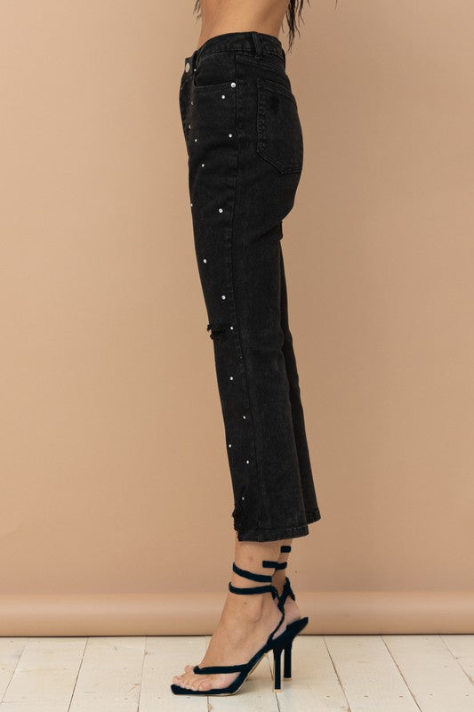 Blue B Rhinestone Studded Distressed Denim Jeans in Pink or Black