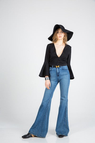 O2 Denim Flare Bell Bottom Wide Leg Denim Jeans in Medium or Dark Wash