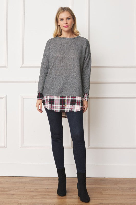 Terry Mock Layered Tunic With Button Accent