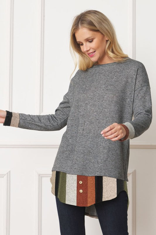 Terry Mock Layered Tunic With Button Accent