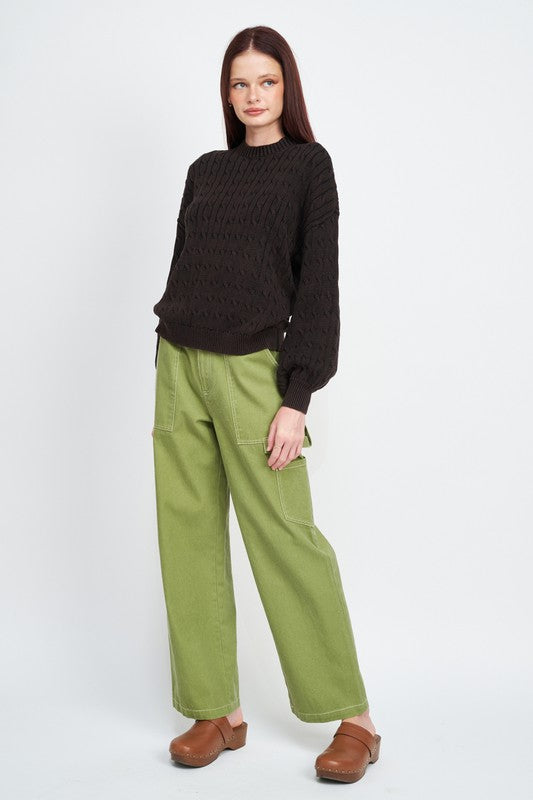 EMORY PARK CABLE KNIT SWEATER WITH BUBBLE SLEEVES