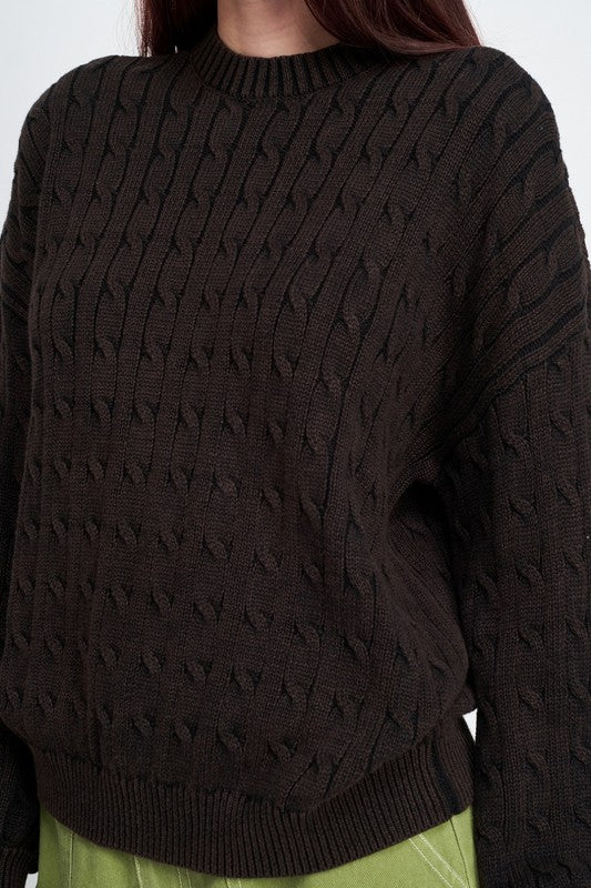 EMORY PARK CABLE KNIT SWEATER WITH BUBBLE SLEEVES