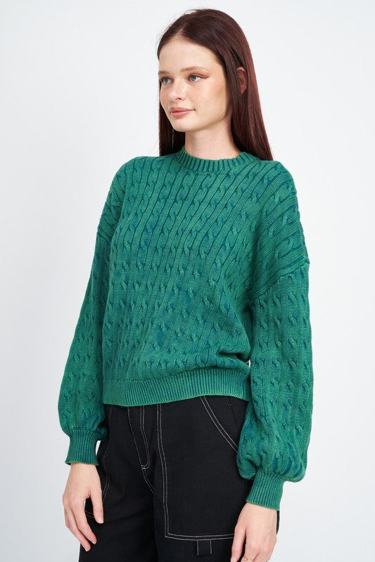 EMORY PARK CABLE KNIT SWEATER WITH BUBBLE SLEEVES