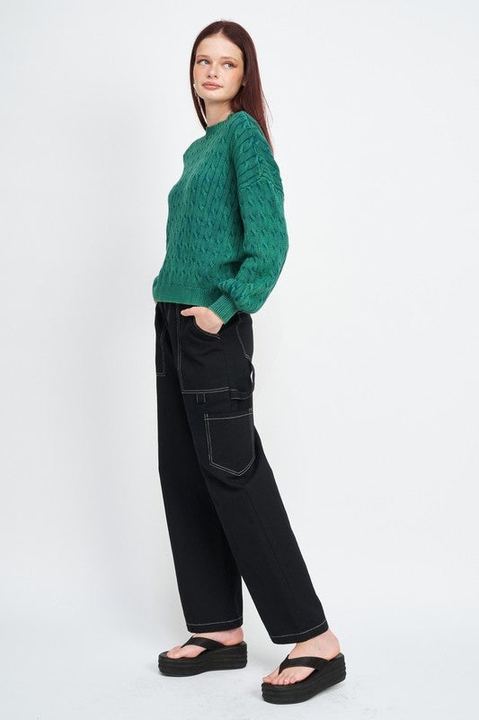 EMORY PARK CABLE KNIT SWEATER WITH BUBBLE SLEEVES