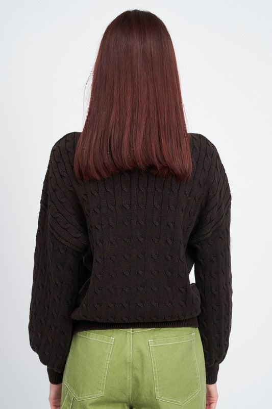 EMORY PARK CABLE KNIT SWEATER WITH BUBBLE SLEEVES