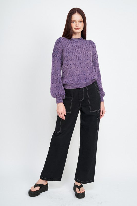 EMORY PARK CABLE KNIT SWEATER WITH BUBBLE SLEEVES