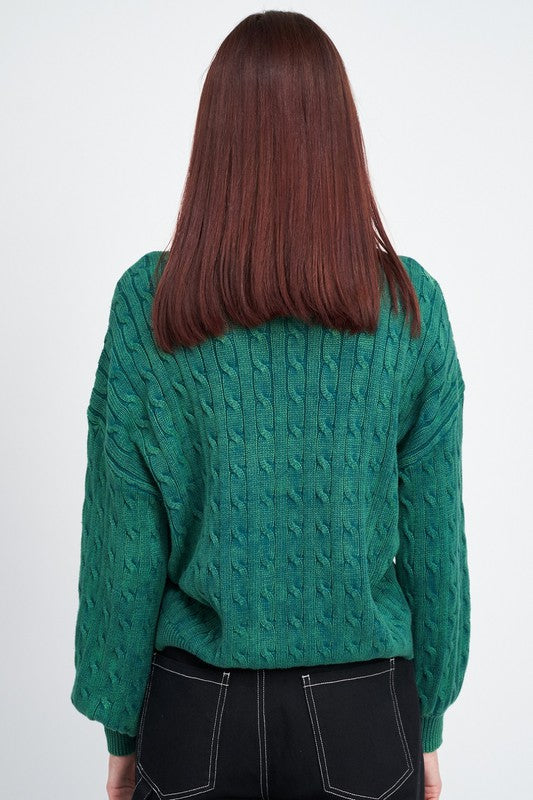 EMORY PARK CABLE KNIT SWEATER WITH BUBBLE SLEEVES