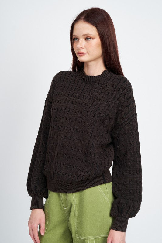 EMORY PARK CABLE KNIT SWEATER WITH BUBBLE SLEEVES