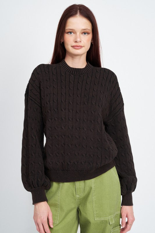 EMORY PARK CABLE KNIT SWEATER WITH BUBBLE SLEEVES