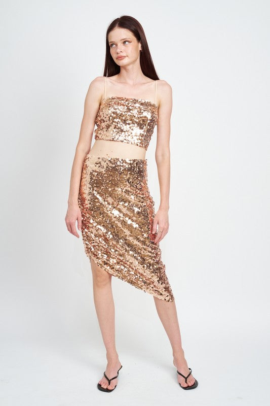 EMORY PARK SEQUIN SHIRRED MIDI SKIRT