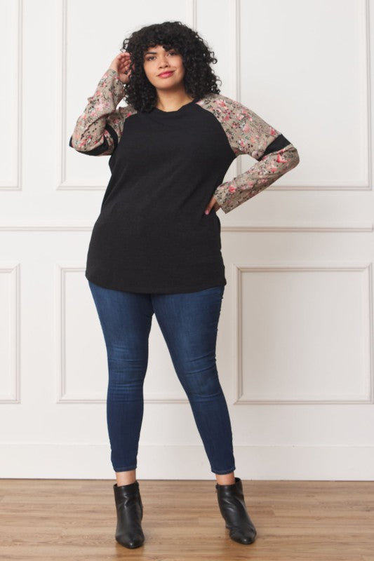 Plus Floral Color Block Sleeve Tunic