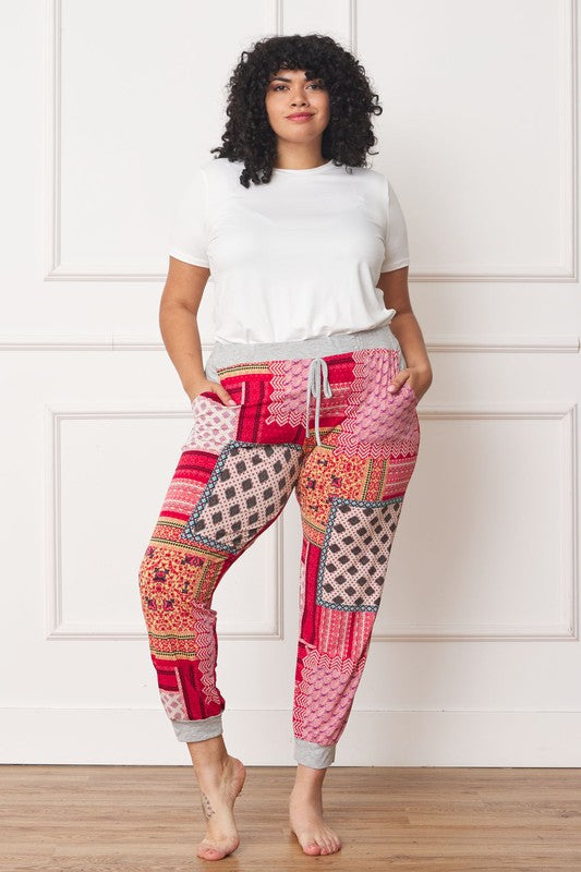 EG Fashion Plus Size Quilted Patchwork Print Joggers in Teal or Red