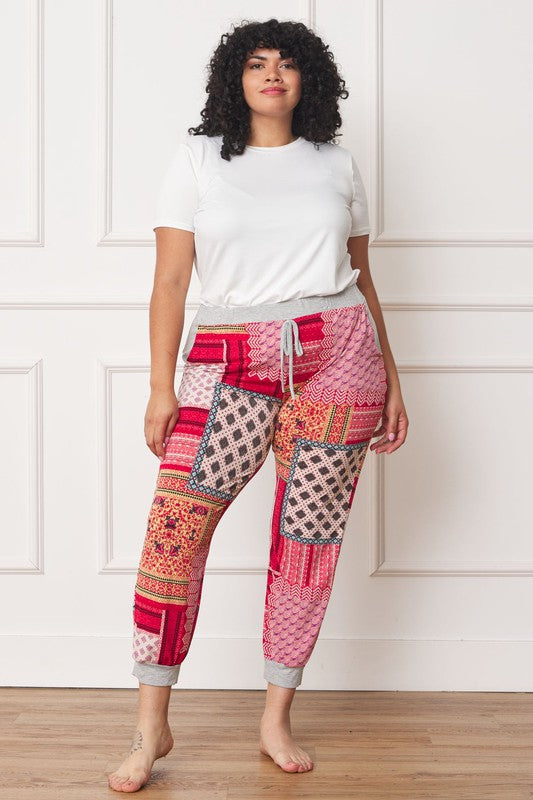 EG Fashion Plus Size Quilted Patchwork Print Joggers in Teal or Red