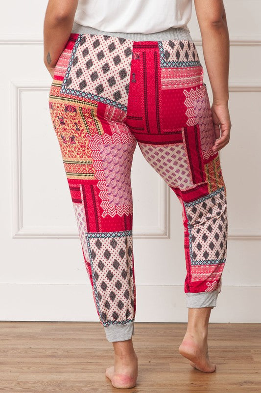 EG Fashion Plus Size Quilted Patchwork Print Joggers in Teal or Red