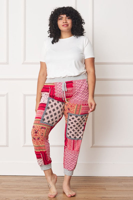 EG Fashion Plus Size Quilted Patchwork Print Joggers in Teal or Red