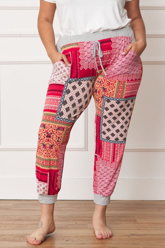 EG Fashion Plus Size Quilted Patchwork Print Joggers in Teal or Red