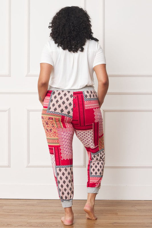 EG Fashion Plus Size Quilted Patchwork Print Joggers in Teal or Red