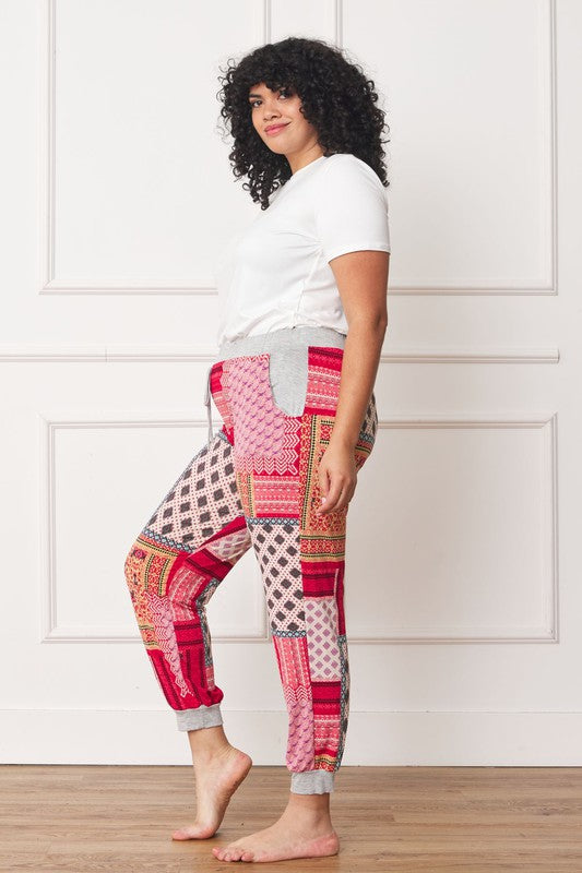 EG Fashion Plus Size Quilted Patchwork Print Joggers in Teal or Red