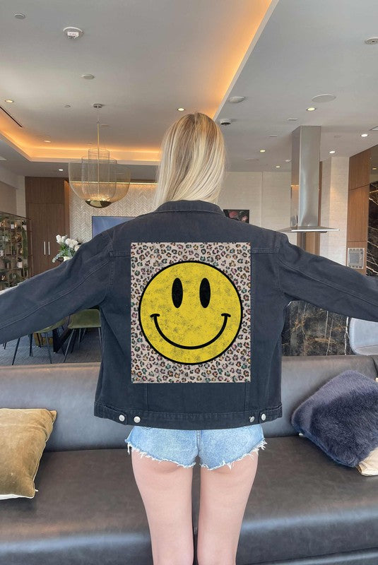 Alphia Happy Face Graphic Denim Jean Jacket in 2 Colors