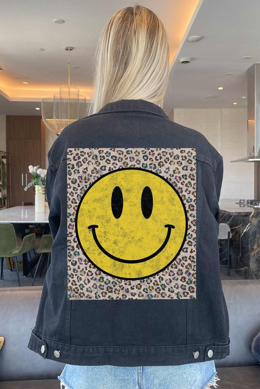 Alphia Happy Face Graphic Denim Jean Jacket in 2 Colors