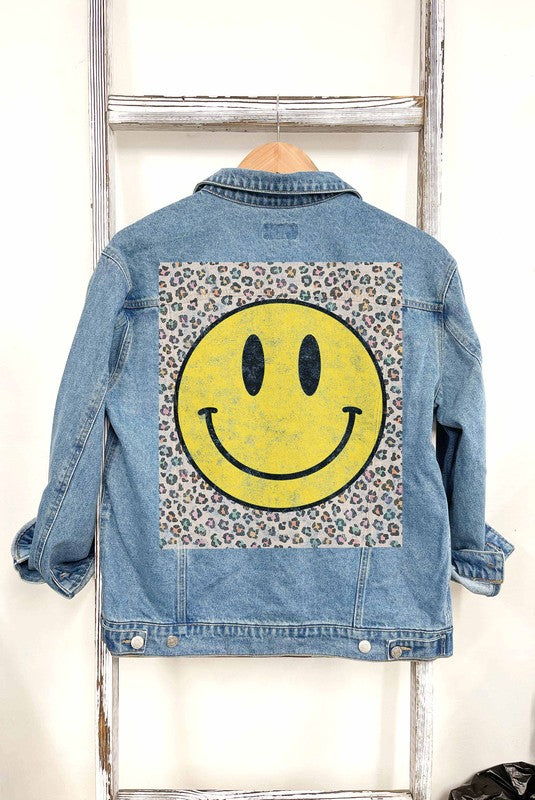 Alphia Happy Face Graphic Denim Jean Jacket in 2 Colors