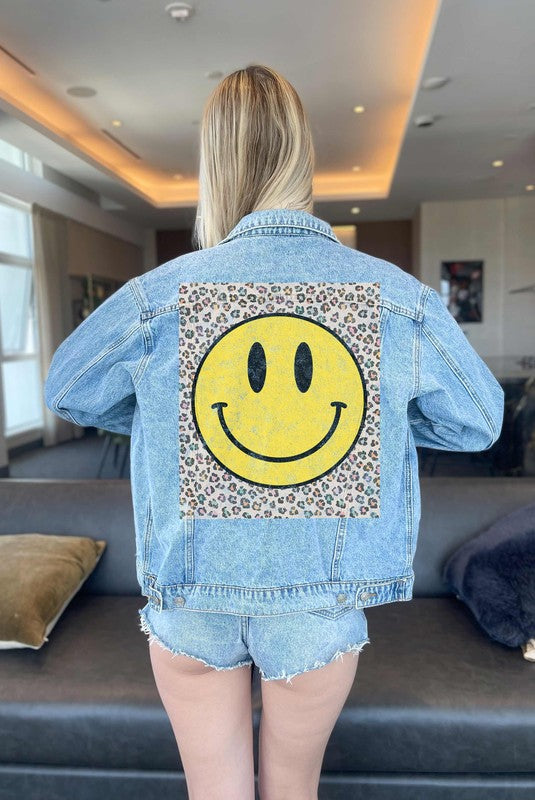 Alphia Happy Face Graphic Denim Jean Jacket in 2 Colors