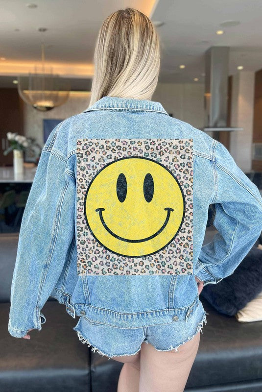 Alphia Happy Face Graphic Denim Jean Jacket in 2 Colors