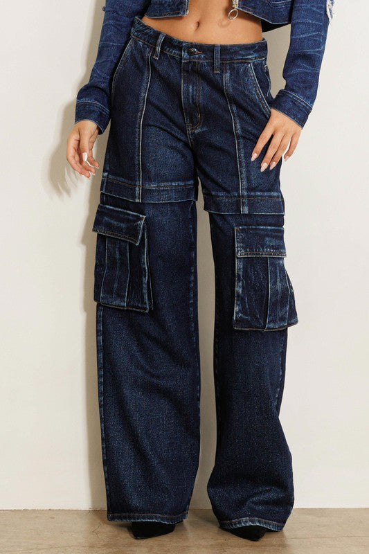 Vibrant MIU Wide Leg Cargo Jeans in Dark Stone