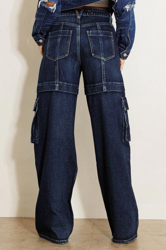 Vibrant MIU Wide Leg Cargo Jeans in Dark Stone