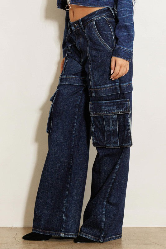 Vibrant MIU Wide Leg Cargo Jeans in Dark Stone