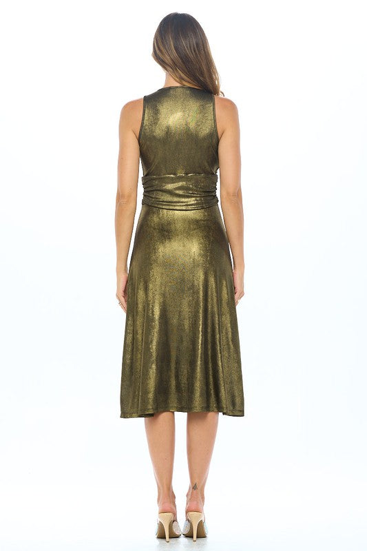 Metallic Solid Deep V Neck Lined Dress with Slit