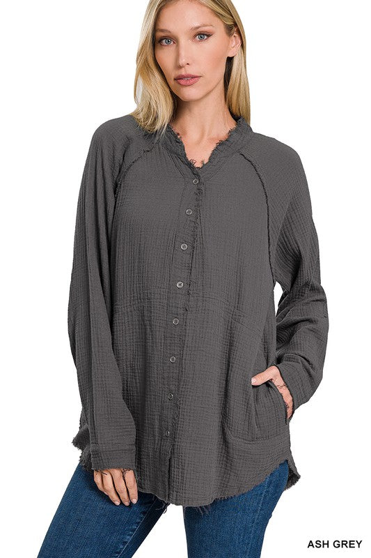 Zenana Cotton Gauze Collarless Raw Edge Button-Down Shirt in 8 Colors