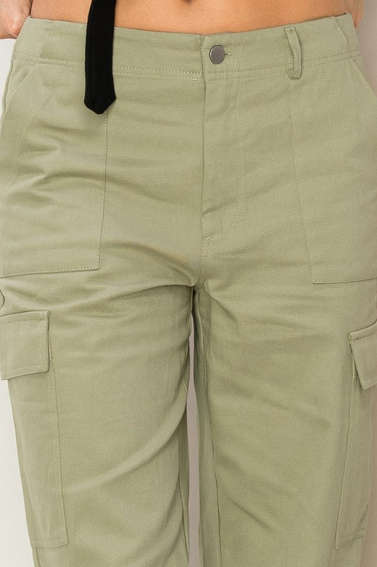 HYFVE Woven Cotton High Waist Cargo Pants in Khaki or Sage in 2 Colors