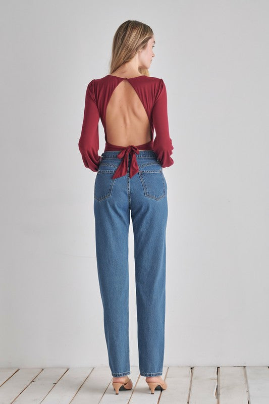 O2 Denim V-Neck Balloon Sleeve Tie-Back Bodysuit in 5 Colors