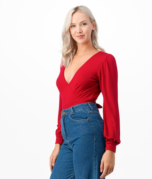 O2 Denim V-Neck Balloon Sleeve Tie-Back Bodysuit in 5 Colors