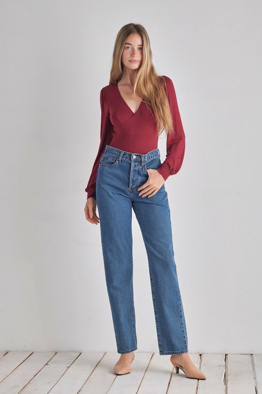 O2 Denim V-Neck Balloon Sleeve Tie-Back Bodysuit in 5 Colors